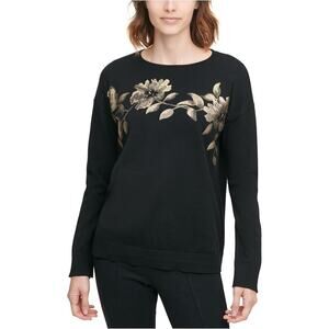 Calvin Klein XL Black Gold Flowers Travel Lounge Pullover Sweater Christmas Cozy